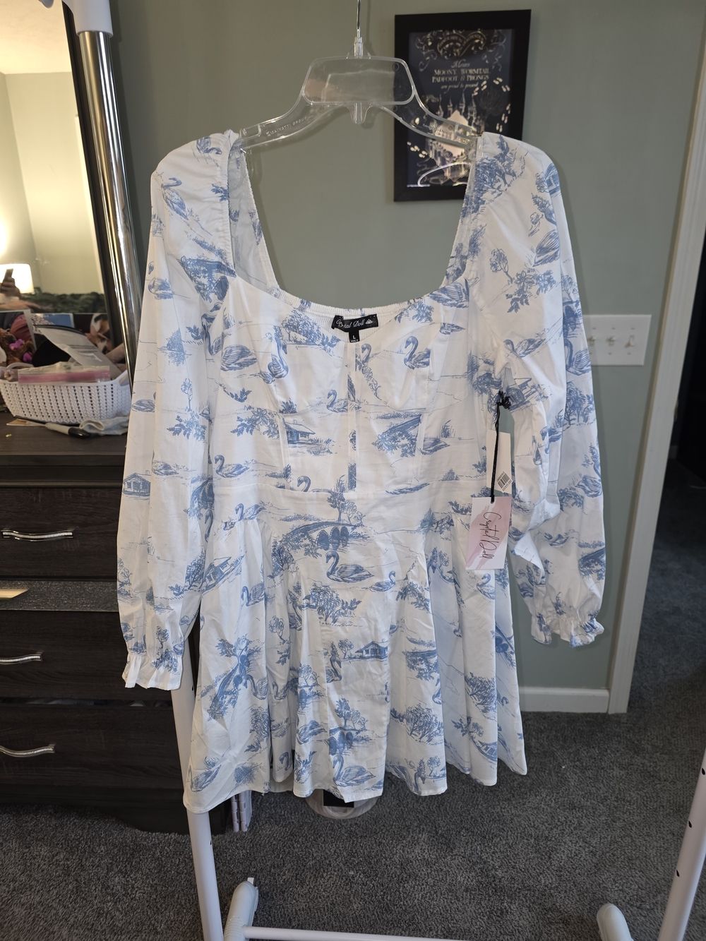 Blue & White Toile Print Peplum Dress